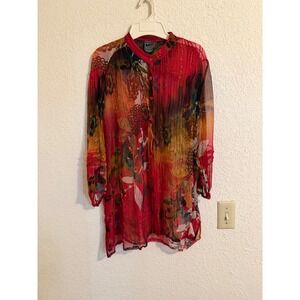 Casual Studio Womens XL Red Abstract Floral Sheer Rayon Pintuck Button Tunic Top